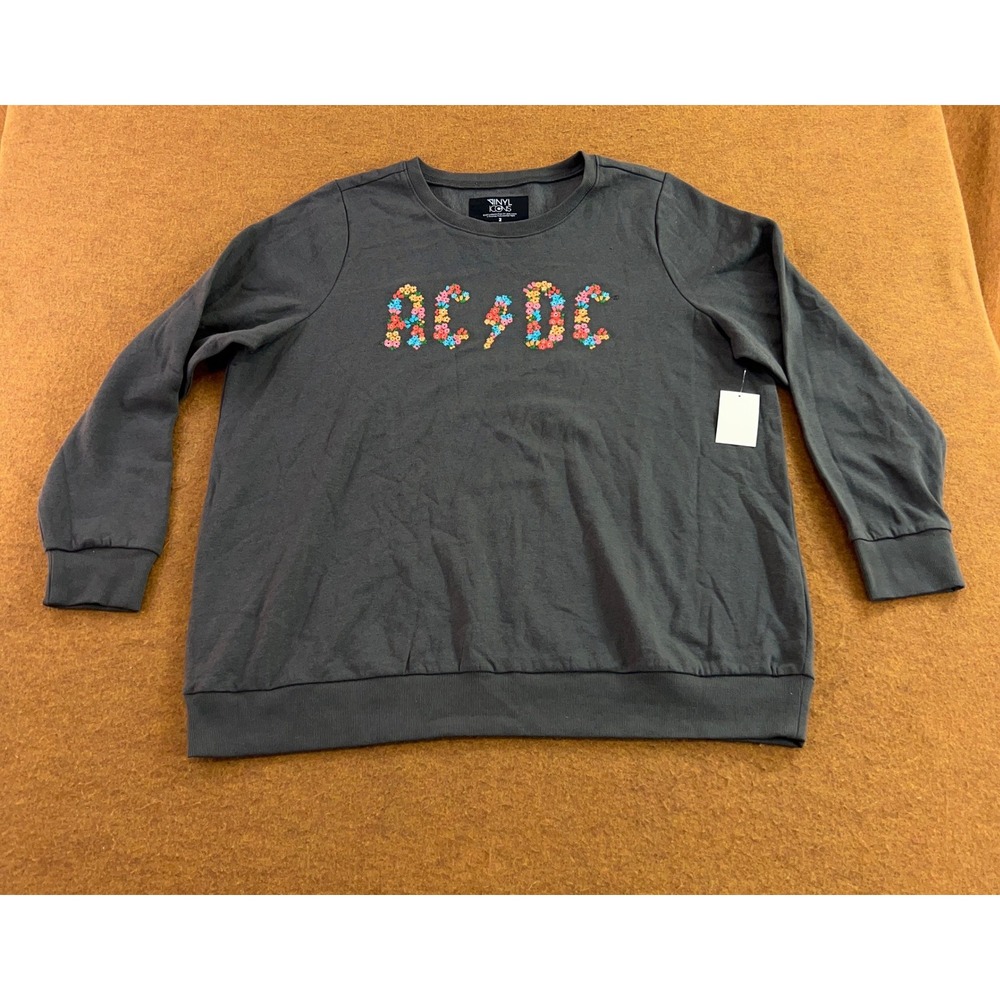 Vinyl Icons Womens 2X Gray Floral AC/DC Graphic Crewneck Sweatshirt NWT